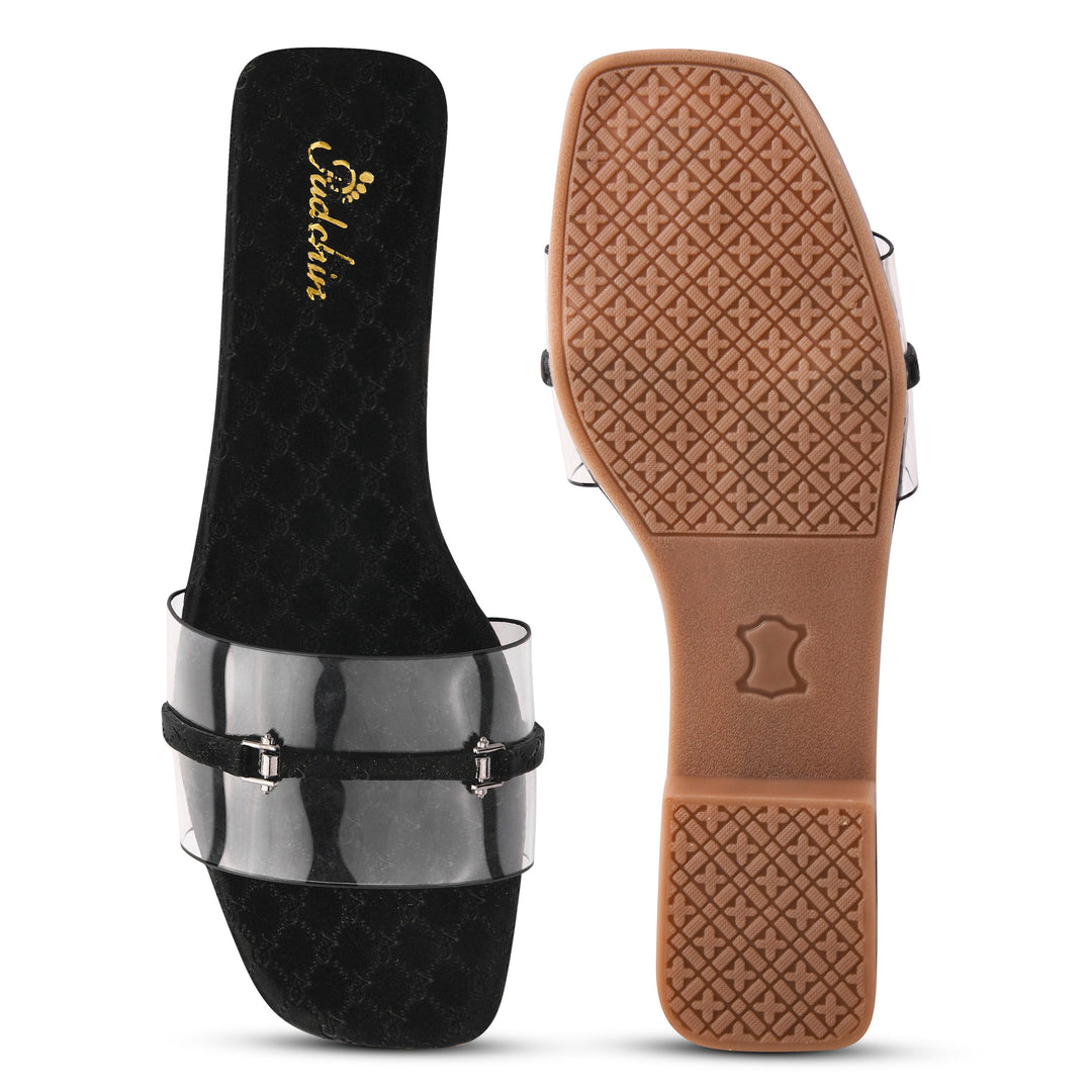 Padchin Women's Transparent Square Toe Flats | Stylish Slip-On Platform Slippers with Belt Design