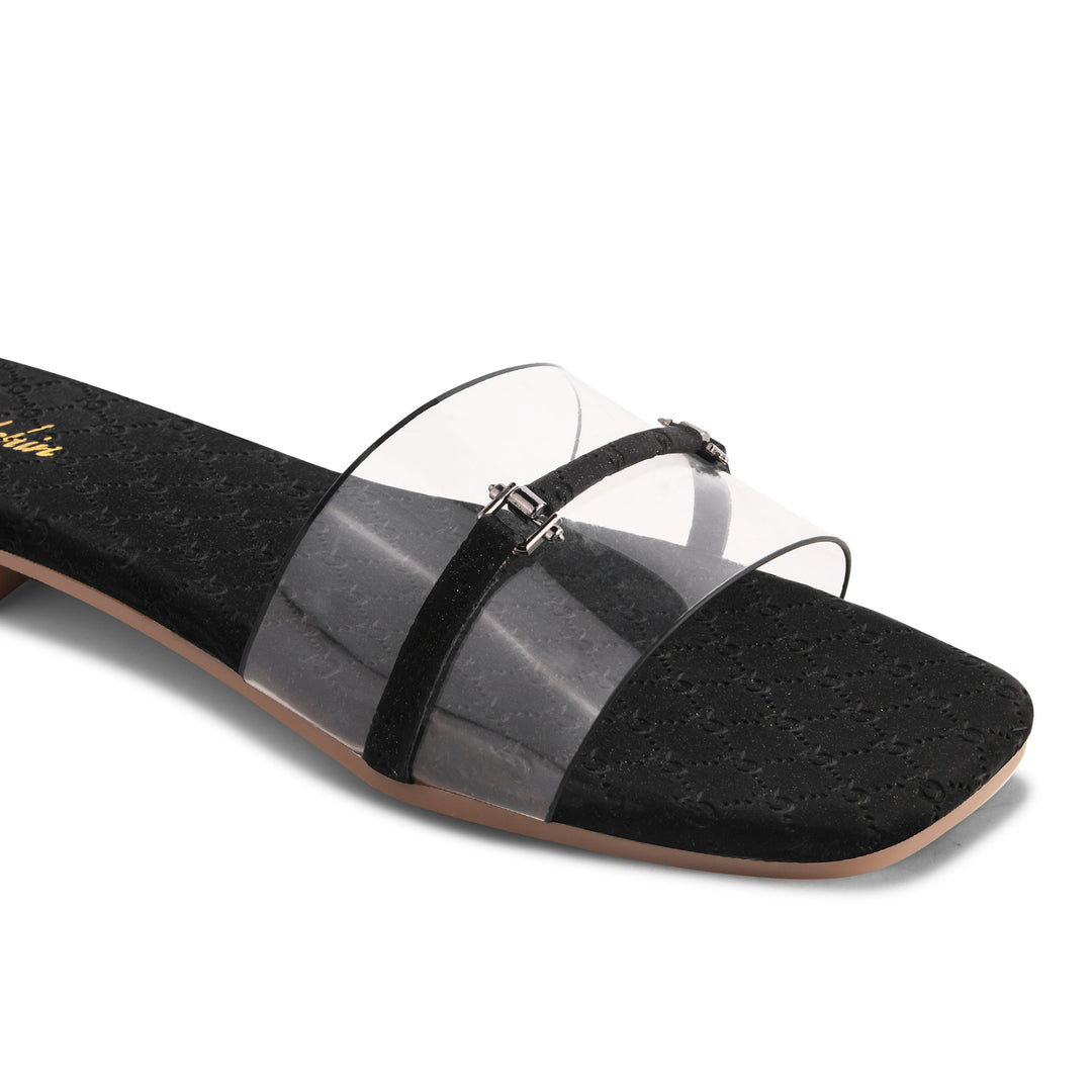 Padchin Women's Transparent Square Toe Flats | Stylish Slip-On Platform Slippers with Belt Design