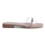 Load image into Gallery viewer, Padchin Women&#39;s Transparent Square Toe Flats | Stylish Slip-On Platform Slippers with Belt Design
