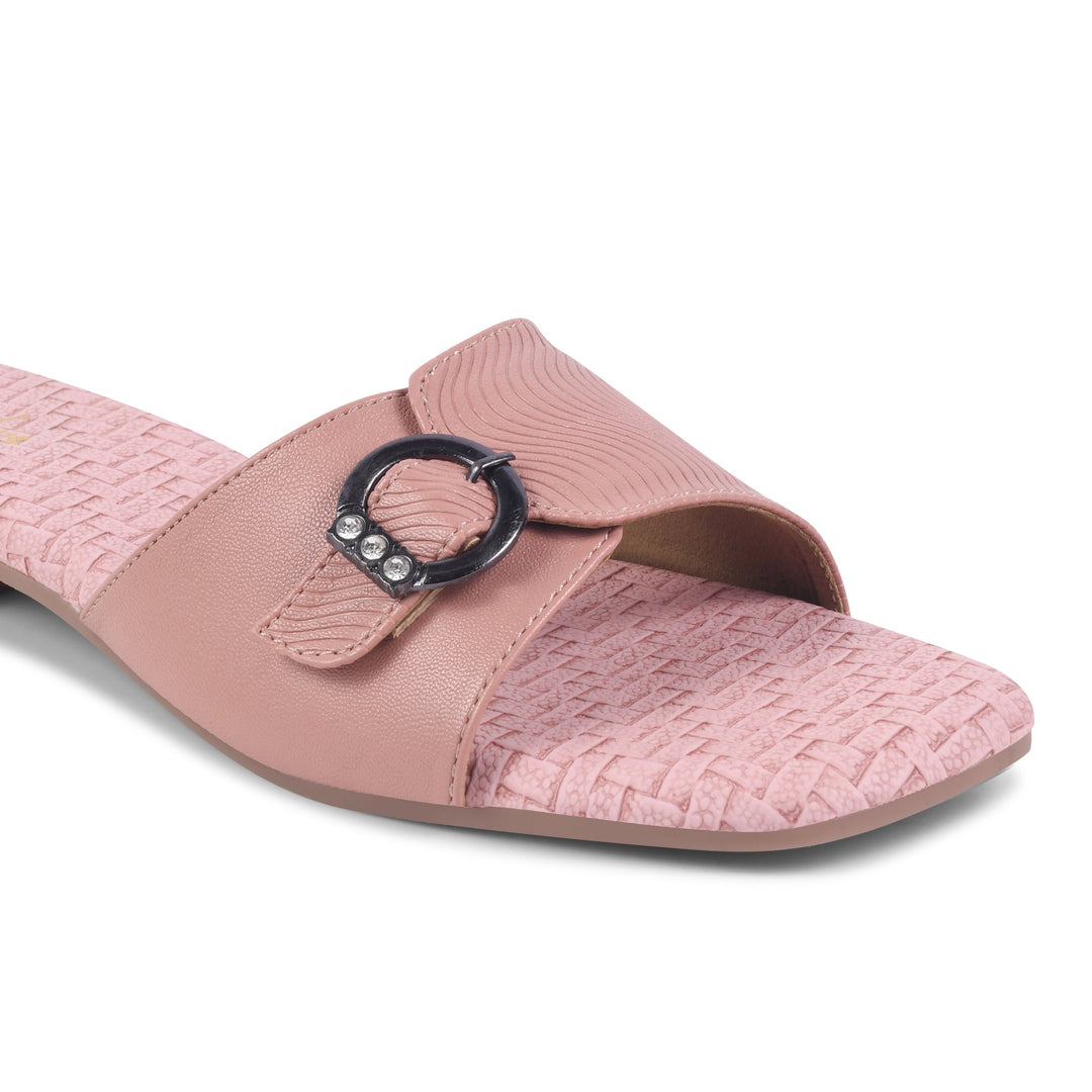 Padchin Women's Buckled Square Toe Flats | Soft Stylish Slip-On Sandals with Buckle Detail