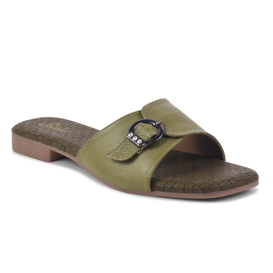 Padchin Women's Buckled Square Toe Flats | Soft Stylish Slip-On Sandals with Buckle Detail