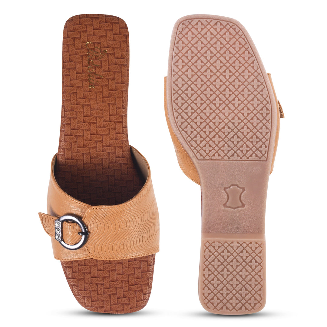 Padchin Women's Buckled Square Toe Flats | Soft Stylish Slip-On Sandals with Buckle Detail