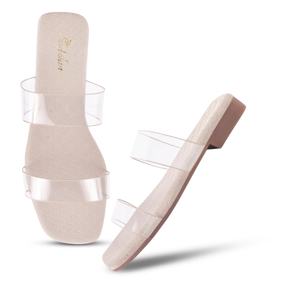 Padchin Women's Transparent Square Toe Flats | Soft Stylish Double Strap Slip-On Sandals