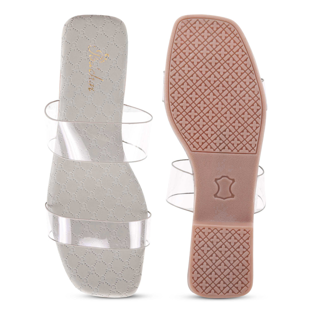 Padchin Women's Transparent Square Toe Flats | Soft Stylish Double Strap Slip-On Sandals