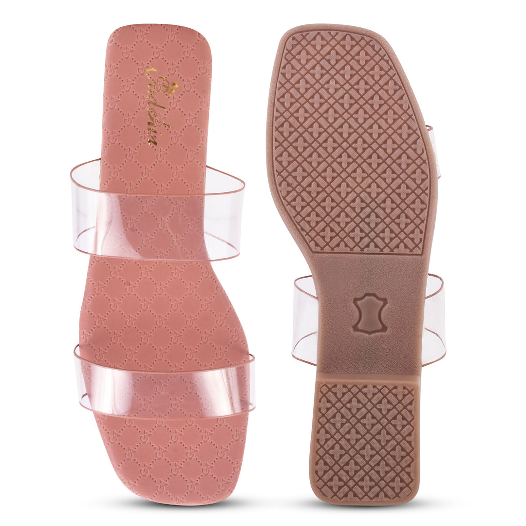 Padchin Women's Transparent Square Toe Flats | Soft Stylish Double Strap Slip-On Sandals