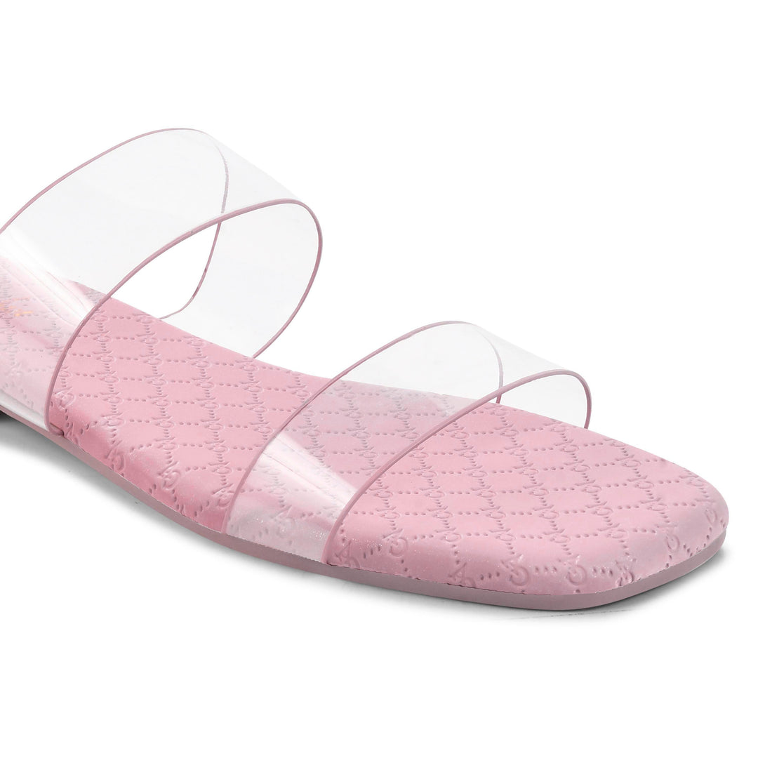 Padchin Women's Transparent Square Toe Flats | Soft Stylish Double Strap Slip-On Sandals
