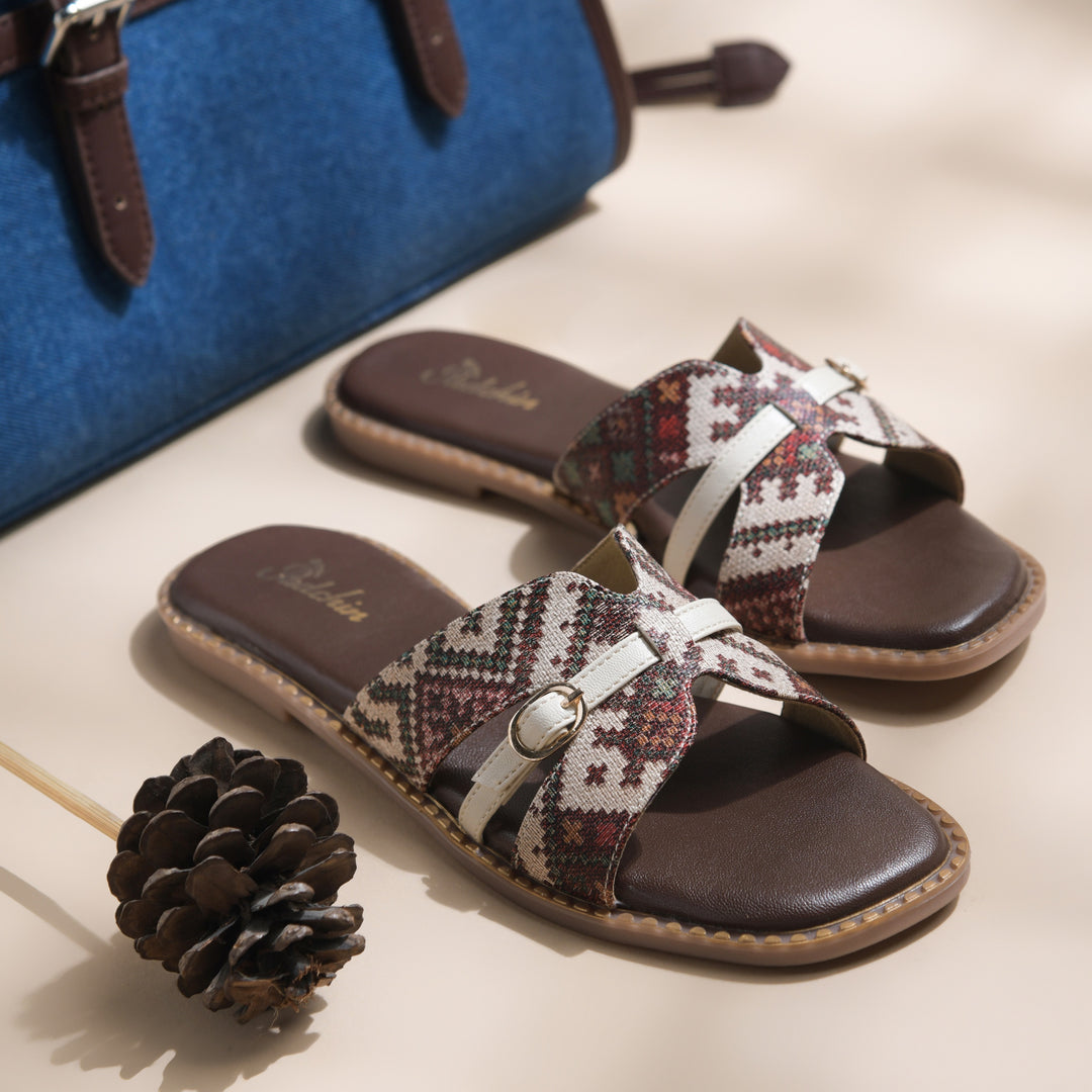 Women's Ethnic Printed Flat Sandals with Gold-Tone Buckle Detail Slippers