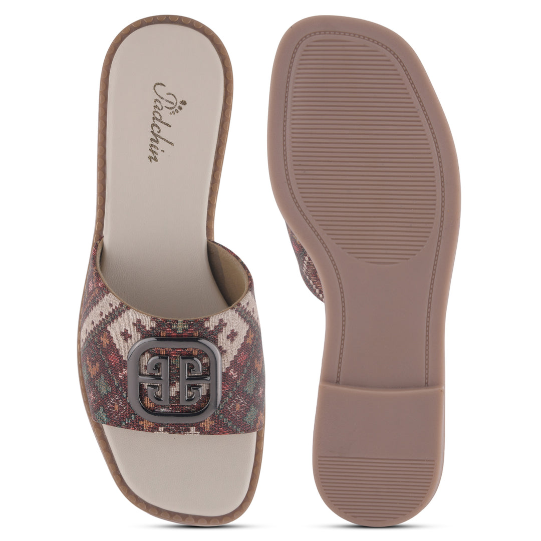 Women's Ethnic Print Flat Sandals with Decorative Buckle Detail Slippers