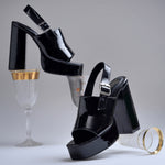 Load image into Gallery viewer, Women's Patent Leather Finish Slingback Block Heel Sandals