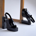 Load image into Gallery viewer, Women's Patent Leather Finish Slingback Block Heel Sandals