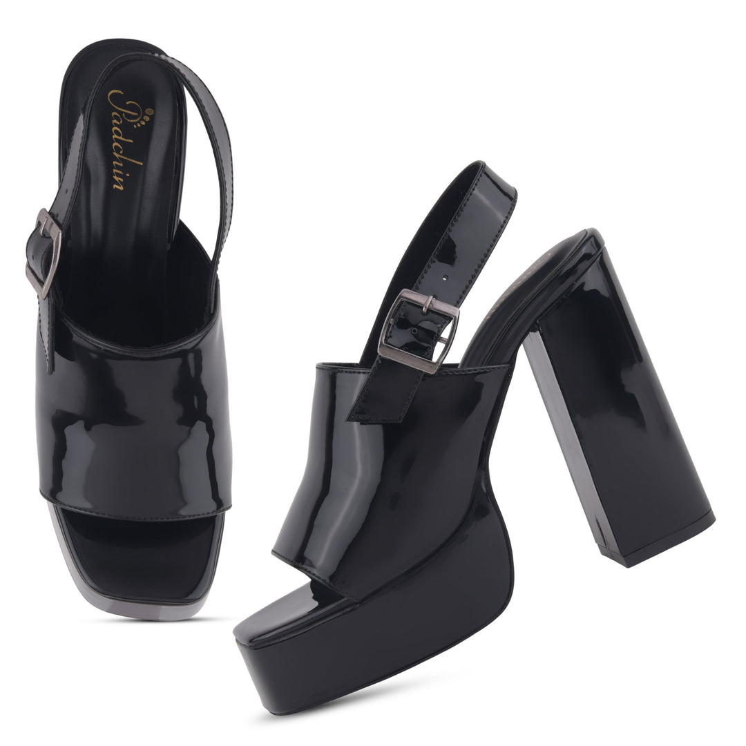 Women's Patent Leather Finish Slingback Block Heel Sandals