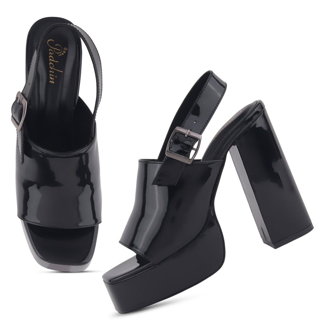 Women's Patent Leather Finish Slingback Block Heel Sandals
