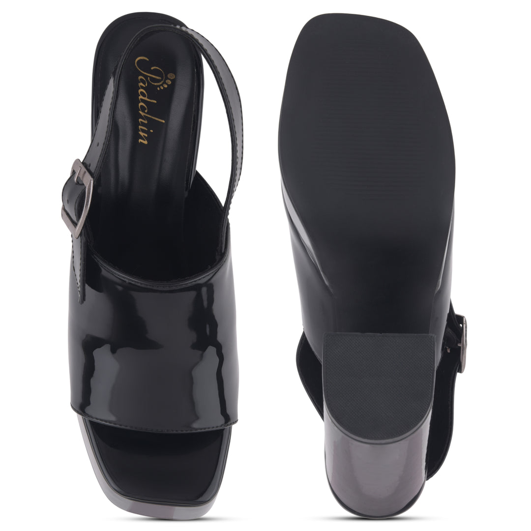 Women's Patent Leather Finish Slingback Block Heel Sandals