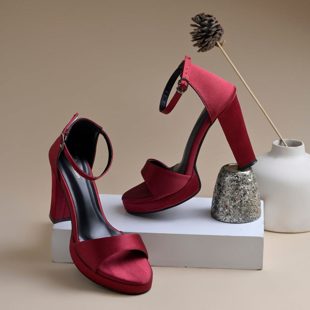 Women's Satin Block Heel Sandals | Open Toe Ankle Strap Party Wear Heels for Women