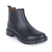 Block Heeled Chelsea Boots in black leather with textured finish, elastic side panels and chunky cleated sole