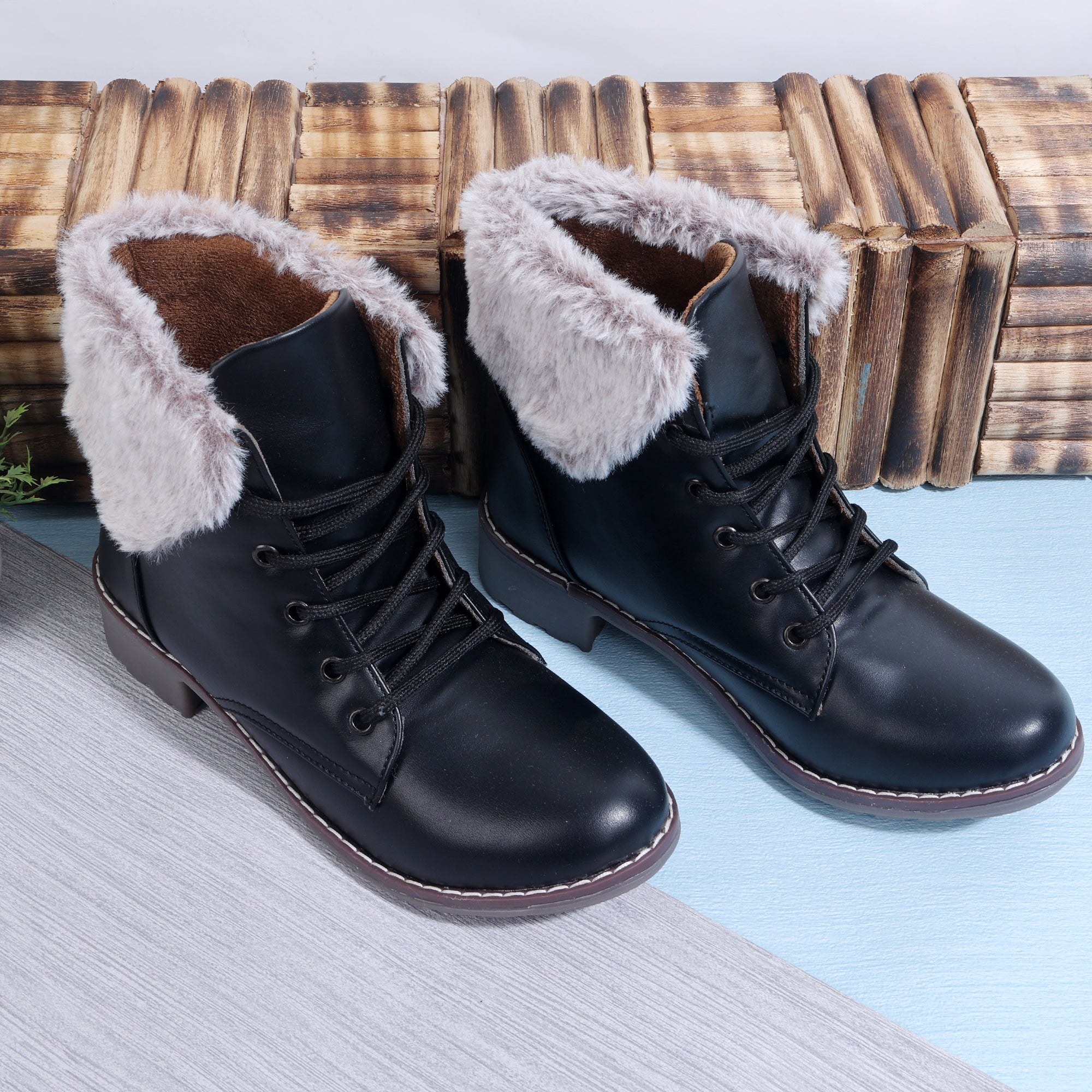 Block Heeled Fur Accent Boots