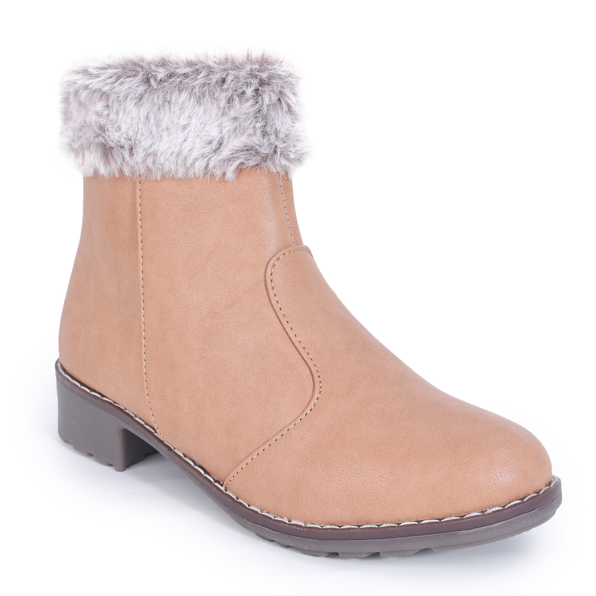 Block Heeled Zipper Closure Fur Accent Boots