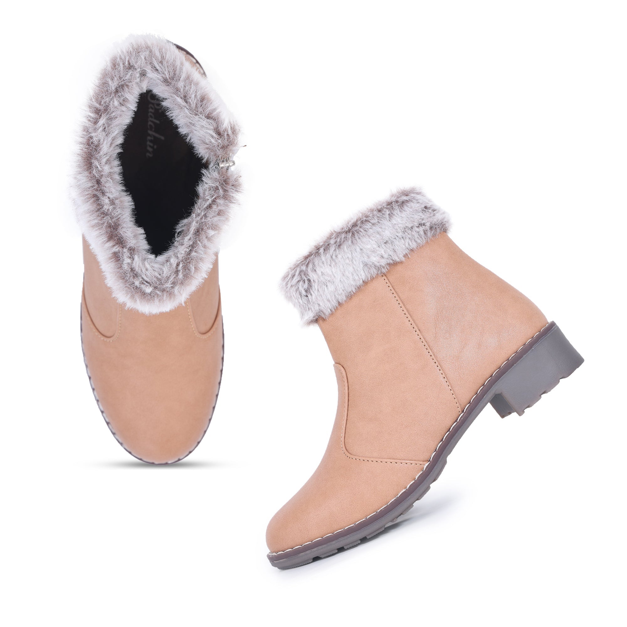 Block Heeled Zipper Closure Fur Accent Boots