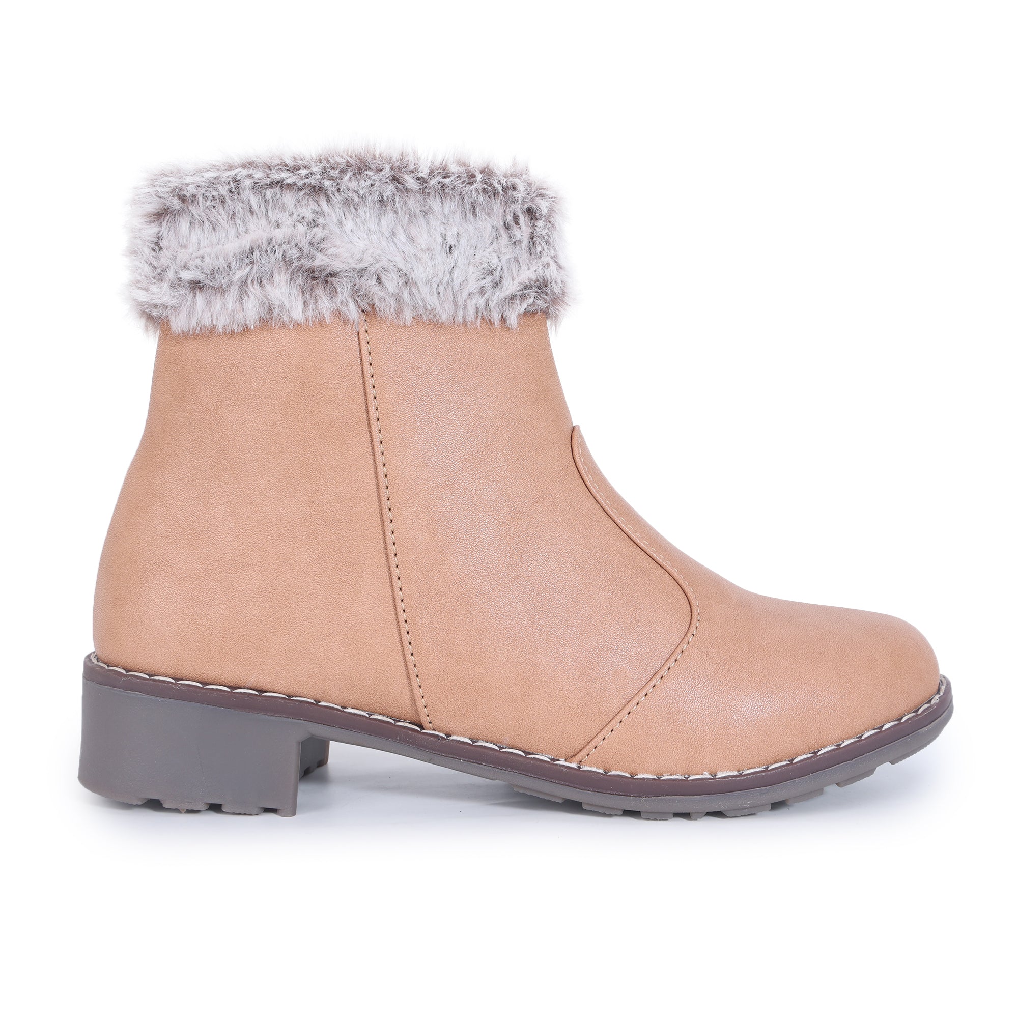 Block Heeled Zipper Closure Fur Accent Boots