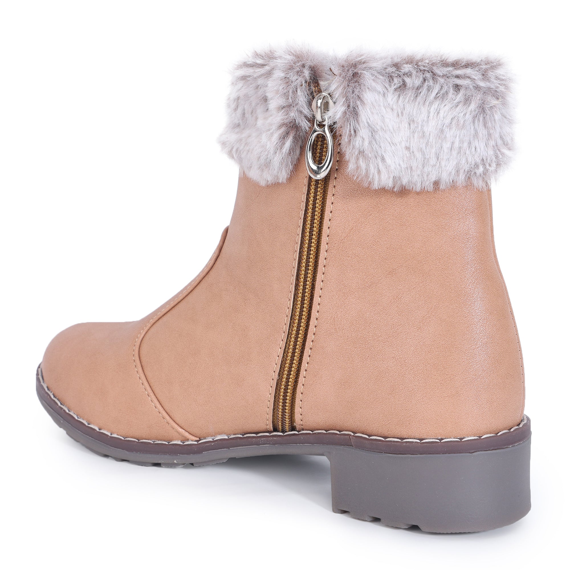 Block Heeled Zipper Closure Fur Accent Boots