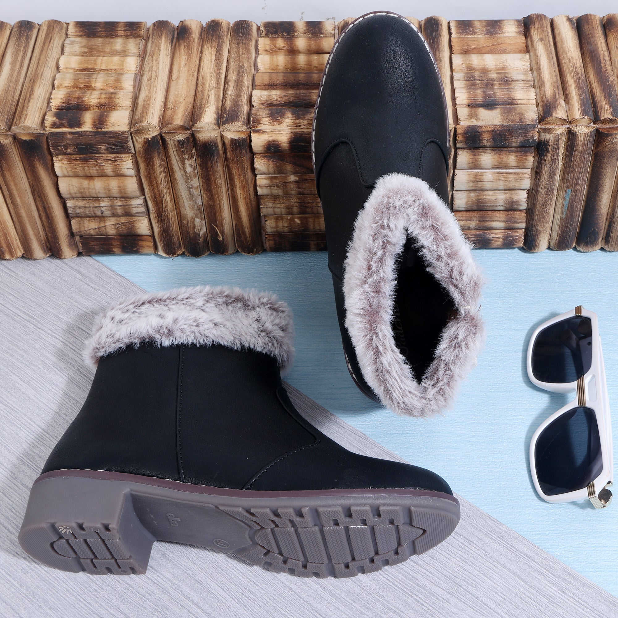 Block Heeled Zipper Closure Fur Accent Boots