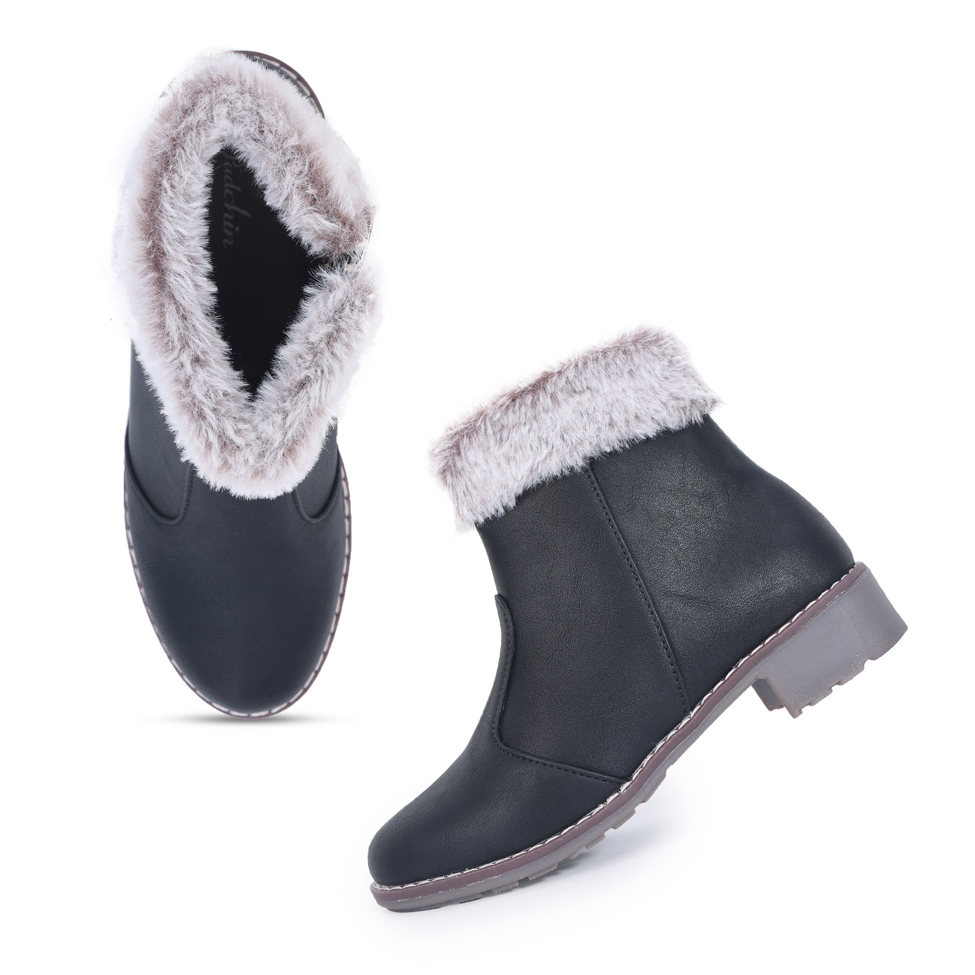 Block Heeled Zipper Closure Fur Accent Boots