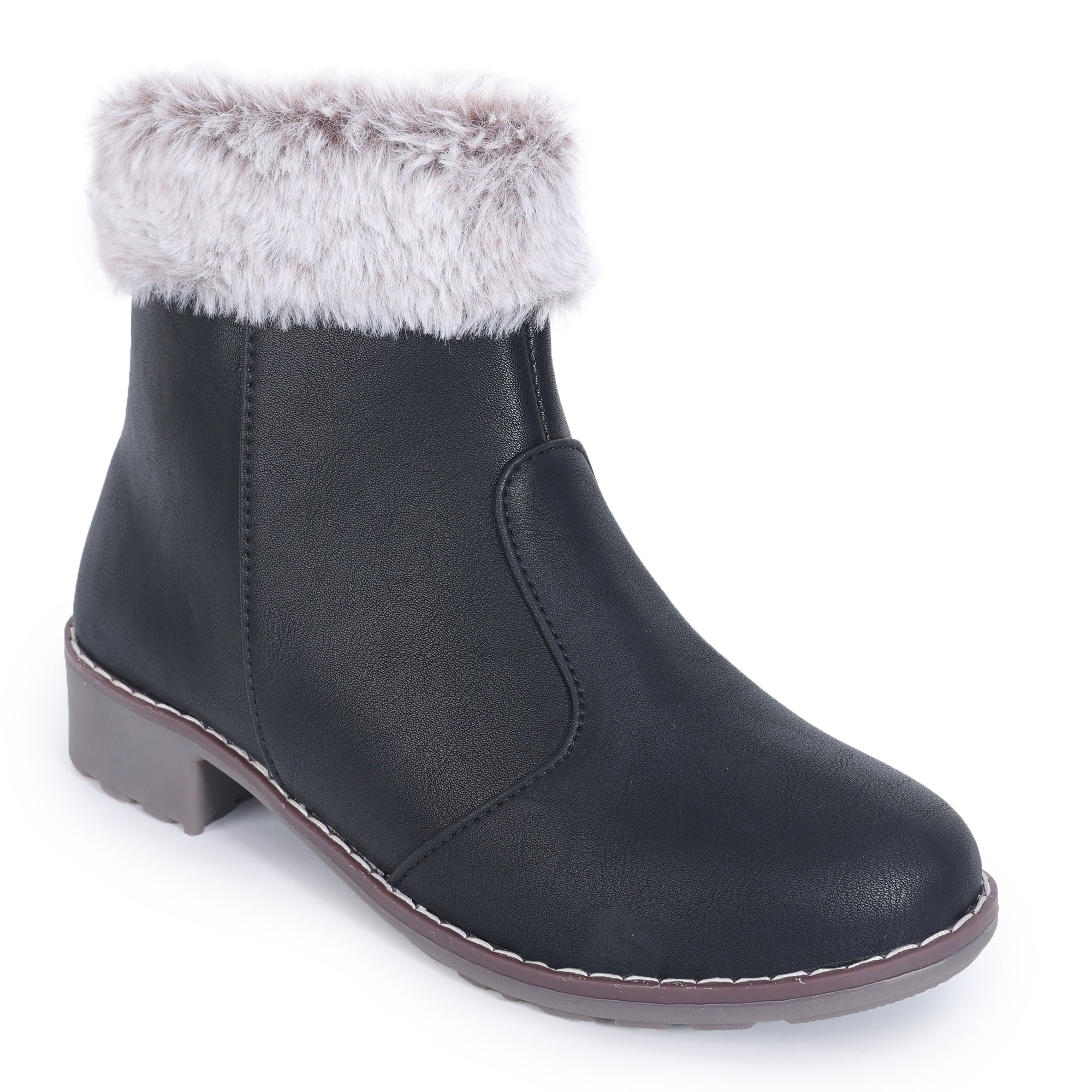 Block Heeled Zipper Closure Fur Accent Boots