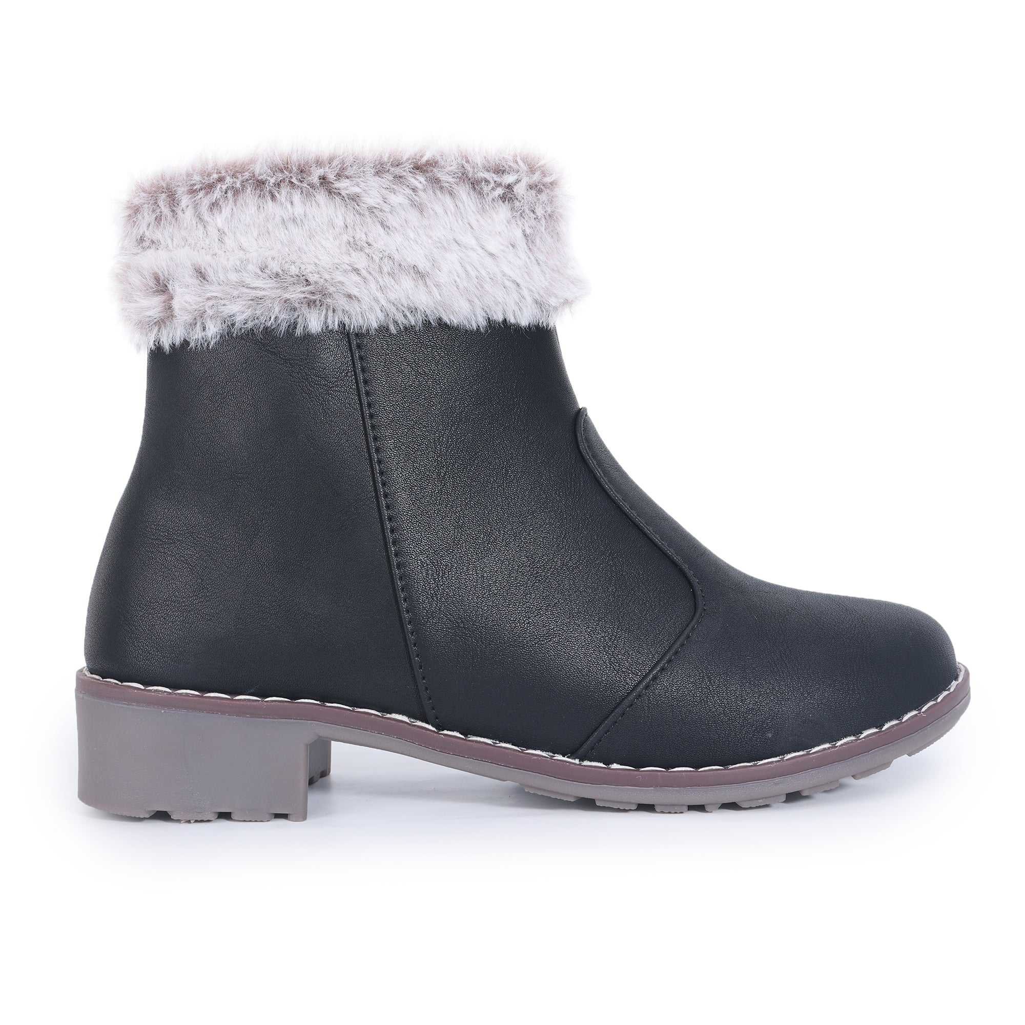 Block Heeled Zipper Closure Fur Accent Boots