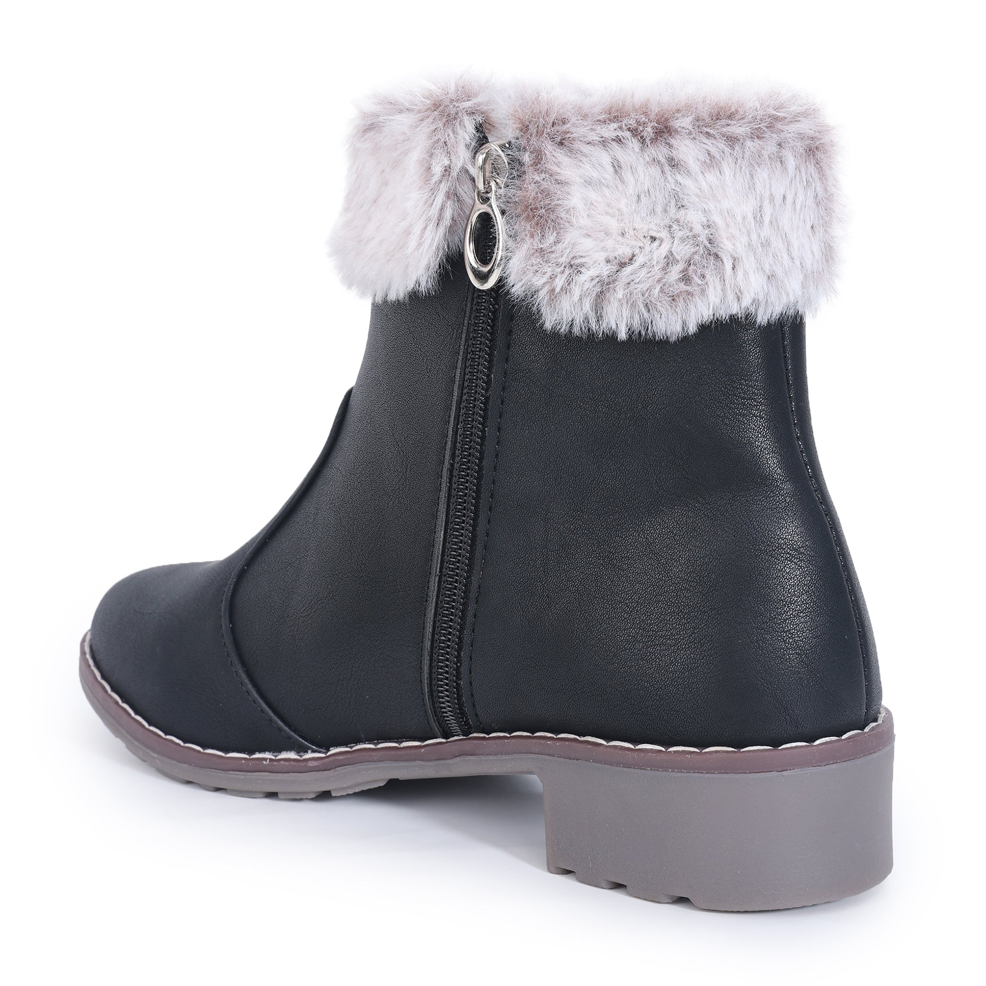 Block Heeled Zipper Closure Fur Accent Boots