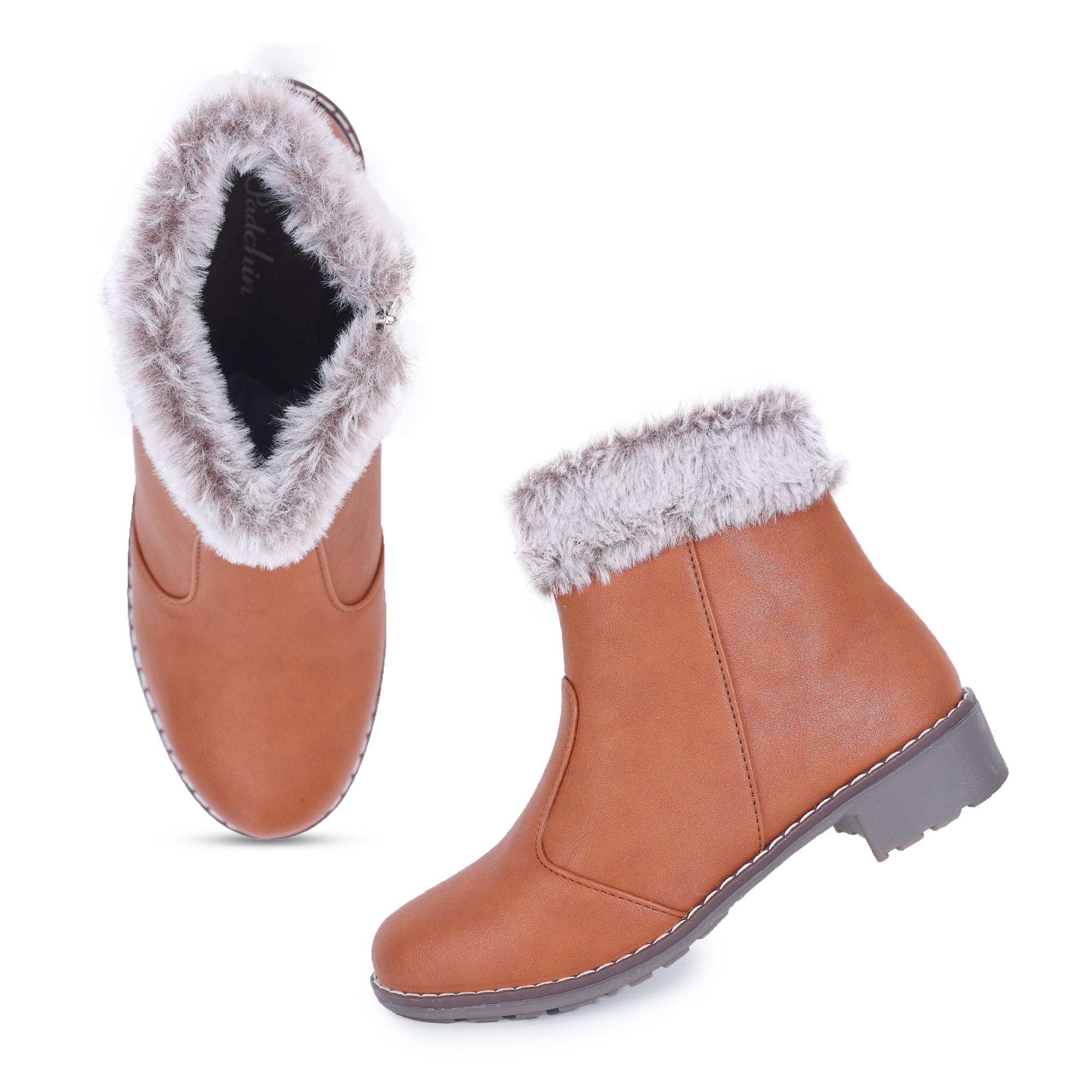 Block Heeled Zipper Closure Fur Accent Boots