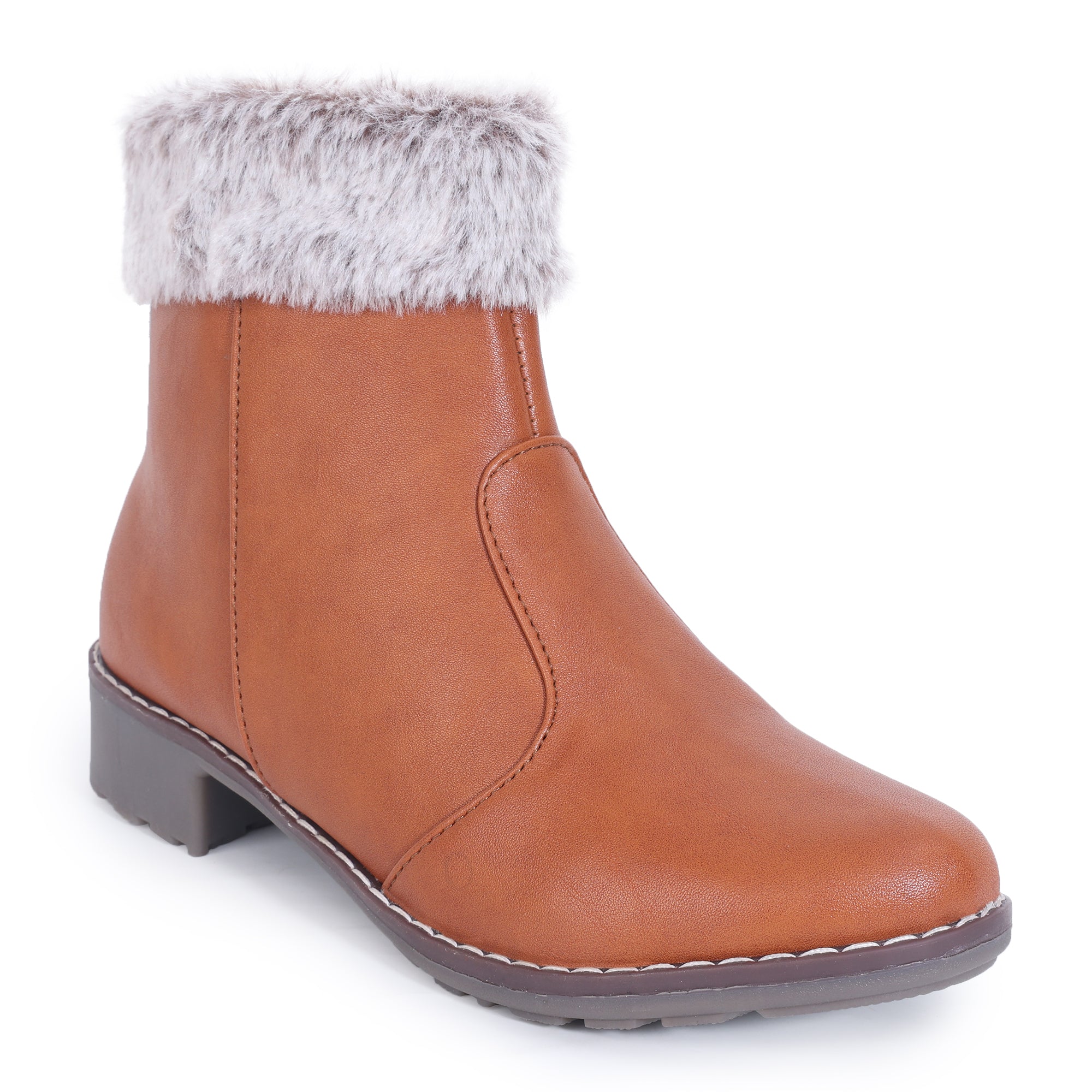 Block Heeled Zipper Closure Fur Accent Boots