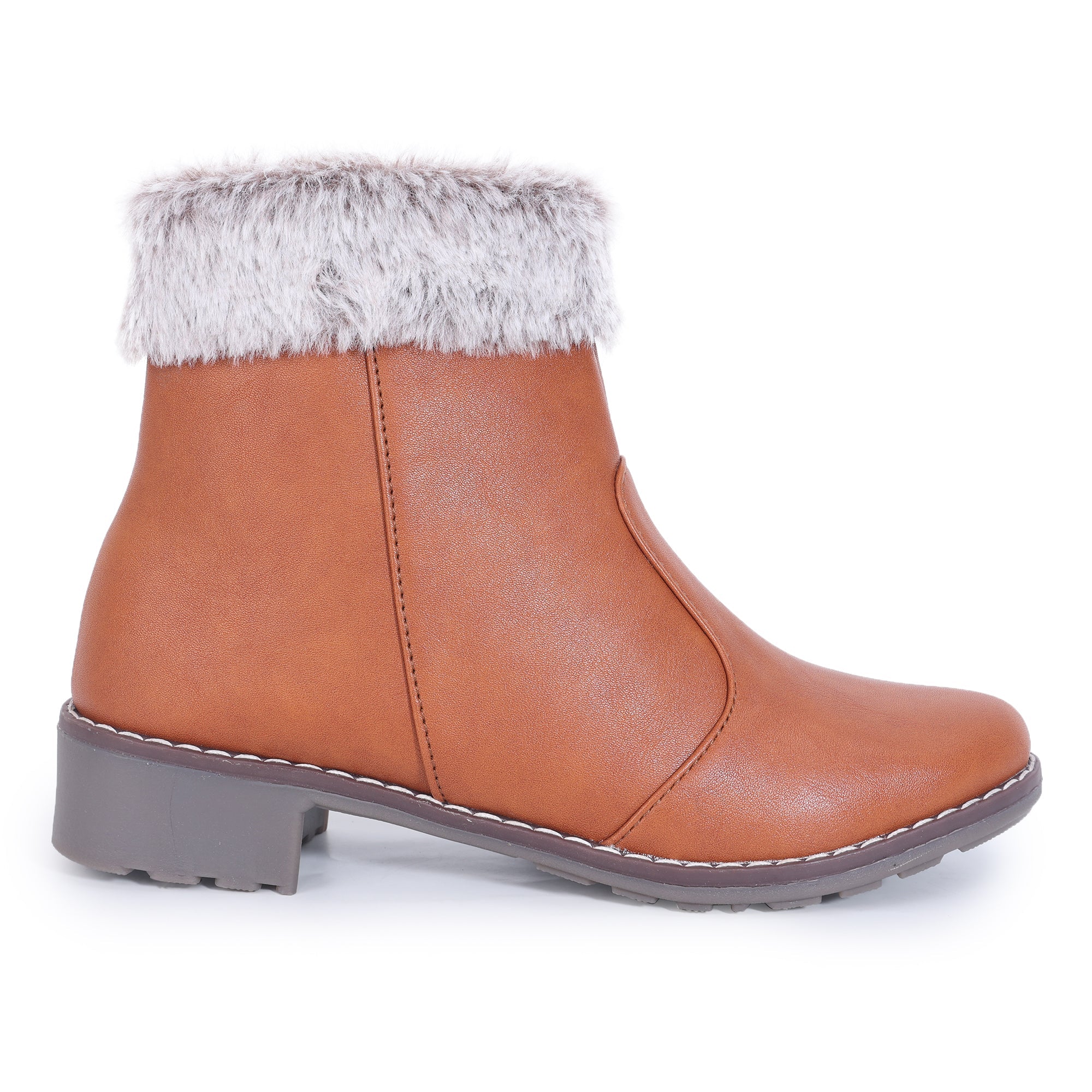 Block Heeled Zipper Closure Fur Accent Boots