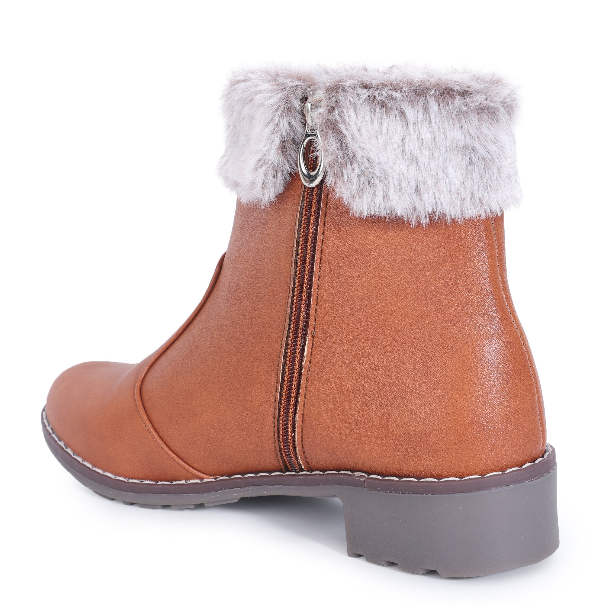 Block Heeled Zipper Closure Fur Accent Boots