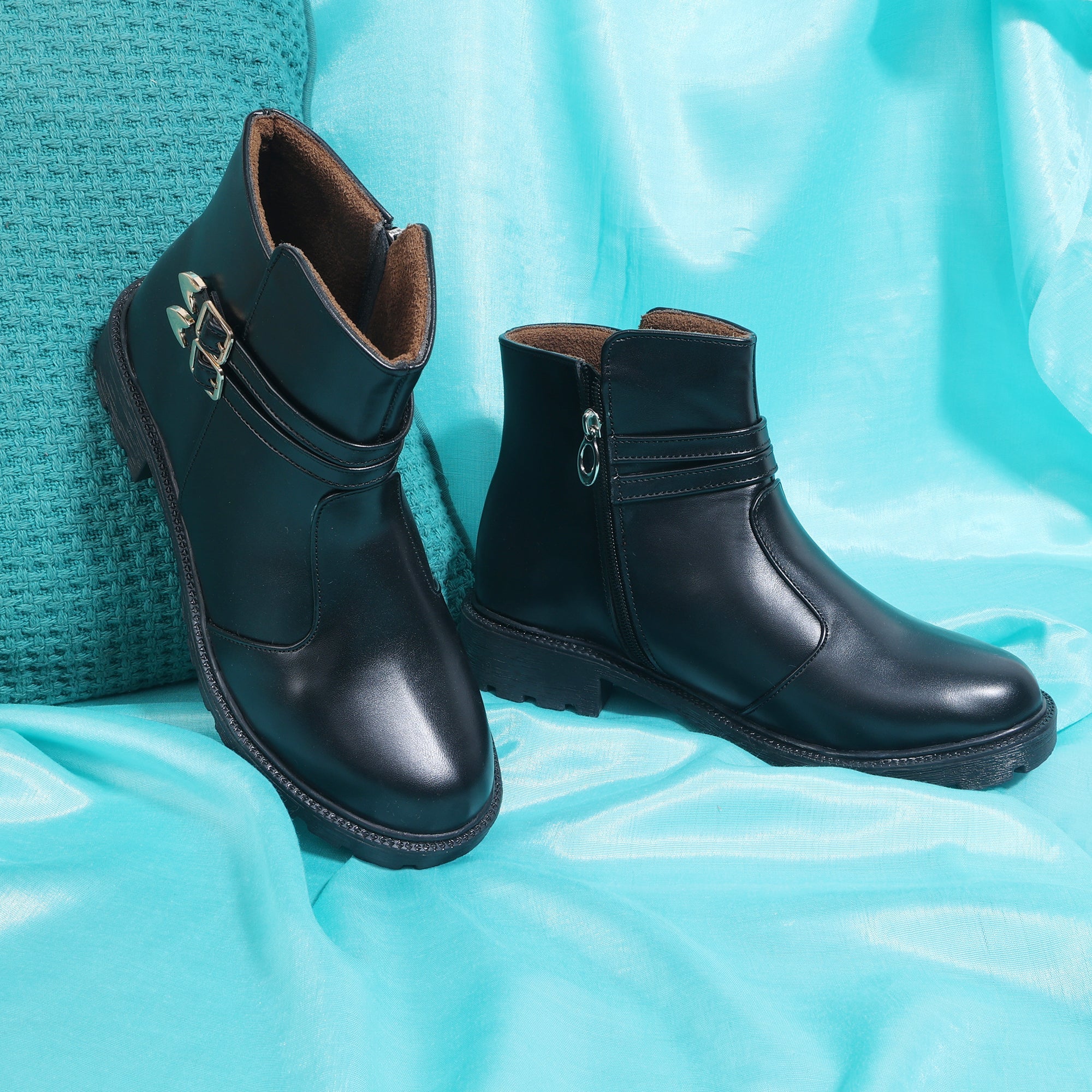 Monk Strap Block Heeled Zipper Closure Boots