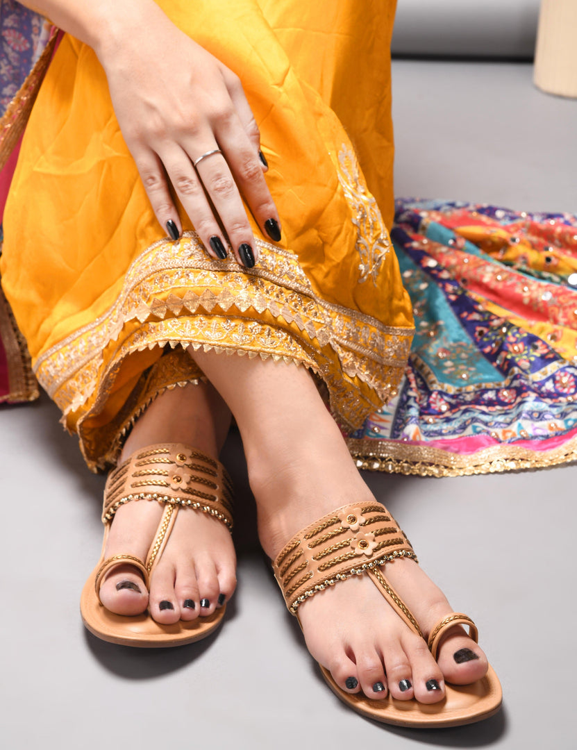 Padchin Women's Flat Floral Embellished Fashion Kolhapuri Chappal Sandals