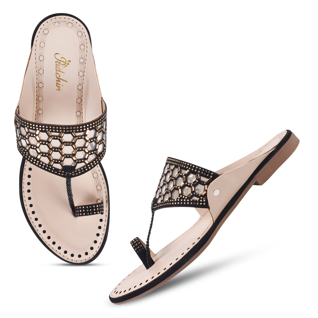 Padchin Women Kolhapuri Flats Heel | Ladies Stylish Chappal, Embellished Slippers and Ethnic Fashion Sandals
