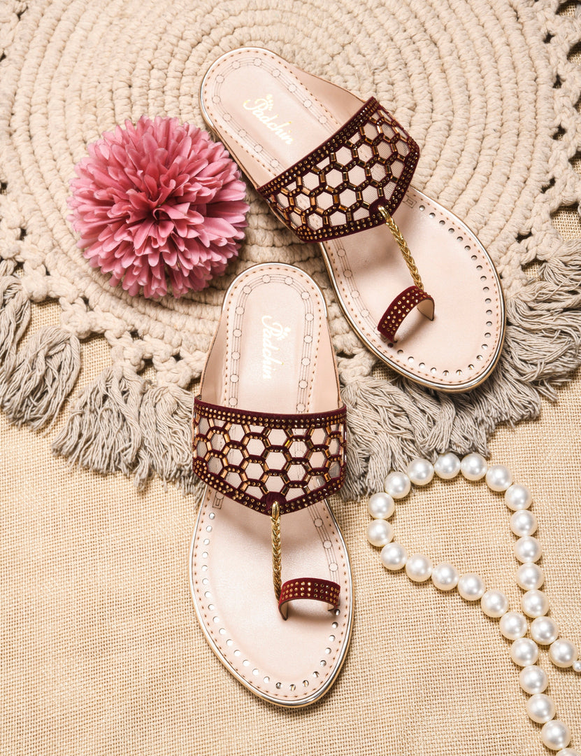 Padchin Women Kolhapuri Flats Heel | Ladies Stylish Chappal, Embellished Slippers and Ethnic Fashion Sandals