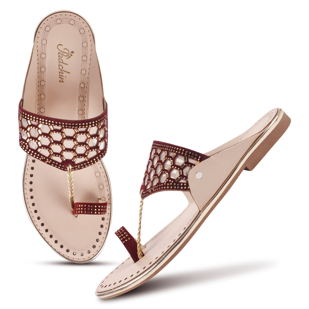 Padchin Women Kolhapuri Flats Heel | Ladies Stylish Chappal, Embellished Slippers and Ethnic Fashion Sandals