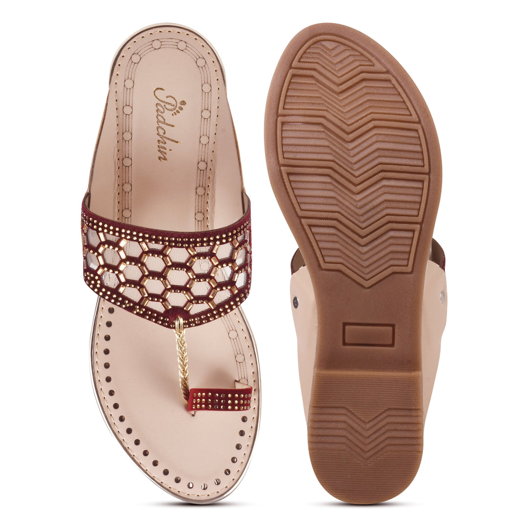 Padchin Women Kolhapuri Flats Heel | Ladies Stylish Chappal, Embellished Slippers and Ethnic Fashion Sandals