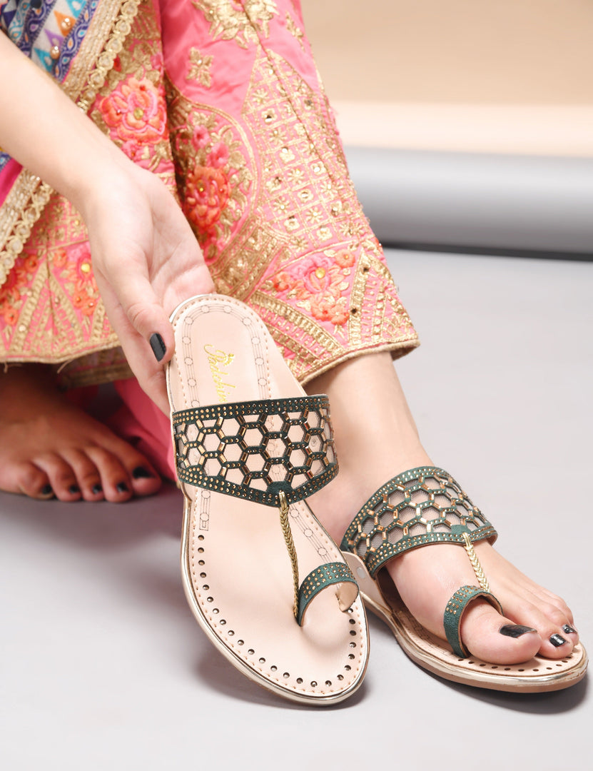 Padchin Women Kolhapuri Flats Heel Ladies Stylish Chappal, Embellished Slippers and Ethnic Fashion Sandals