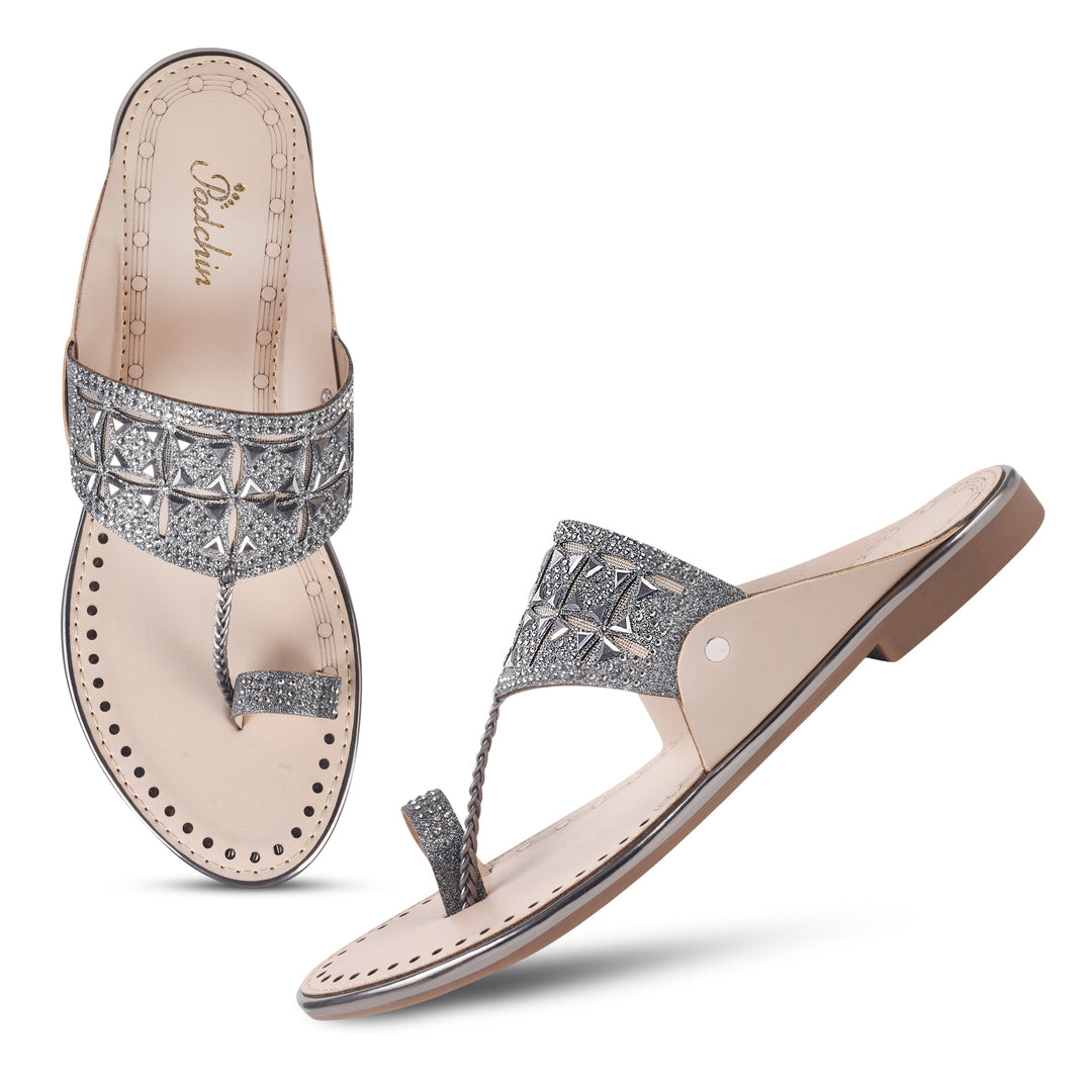 Padchin Women Kolhapuri Flats Heel | Ladies Stylish Chappal, Toe Ring Embellished Slippers Sandals