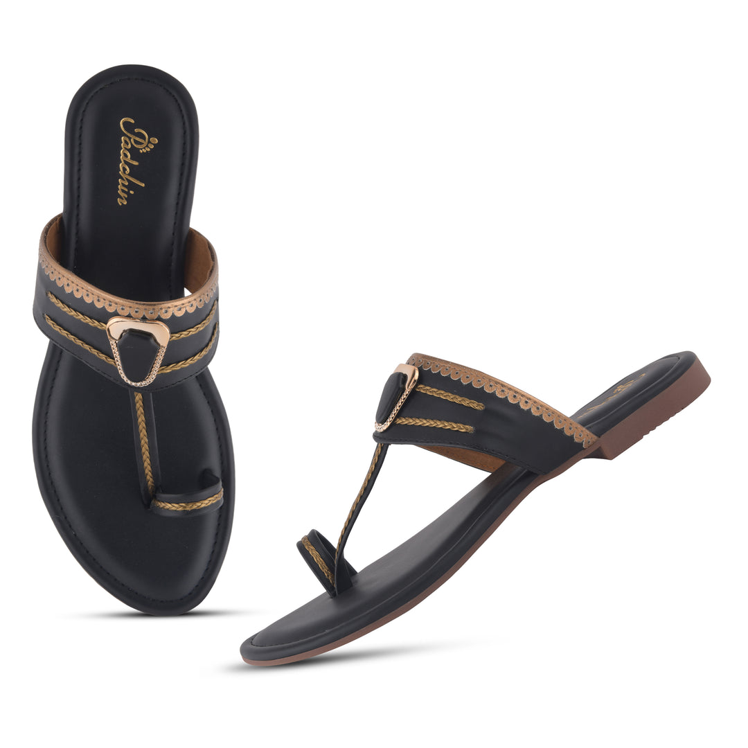Women's Kolhapuri Style Toe Ring Flats with Metal Details Slippers