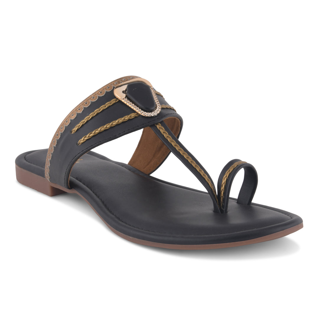 Women's Kolhapuri Style Toe Ring Flats with Metal Details Slippers
