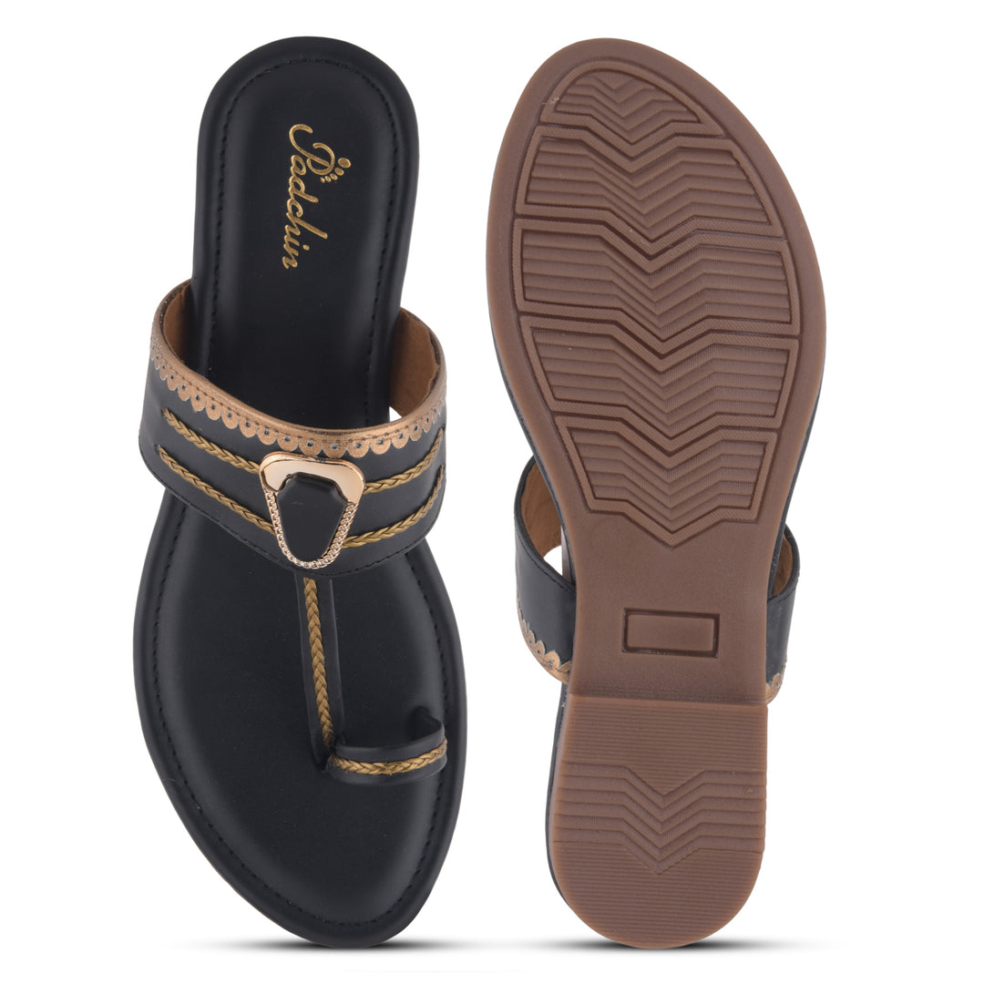 Women's Kolhapuri Style Toe Ring Flats with Metal Details Slippers