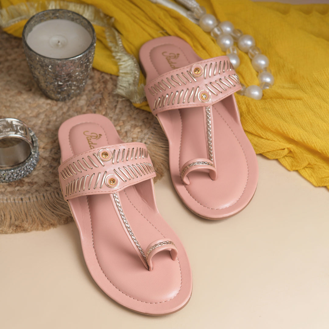 Women's Kolhapuri Style Toe Ring Flats with Woven Strap & Metal Stud Detail Slippers