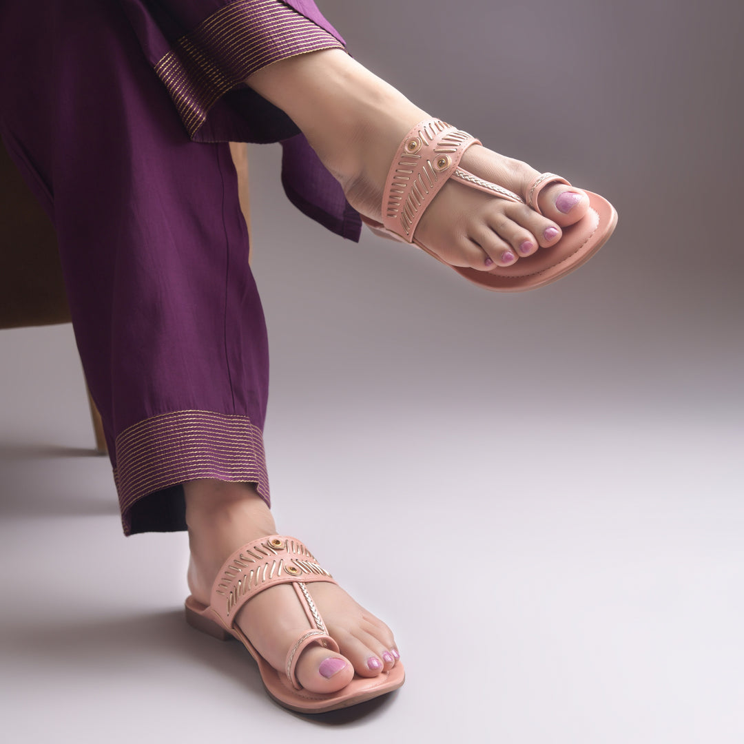Women's Kolhapuri Style Toe Ring Flats with Woven Strap & Metal Stud Detail Slippers