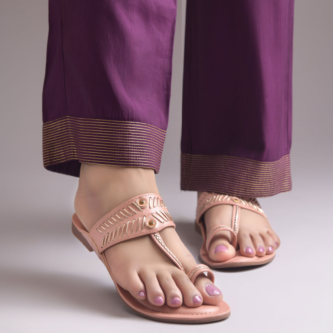 Women's Kolhapuri Style Toe Ring Flats with Woven Strap & Metal Stud Detail Slippers