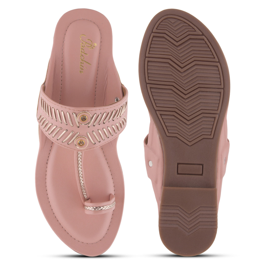 Women's Kolhapuri Style Toe Ring Flats with Woven Strap & Metal Stud Detail Slippers