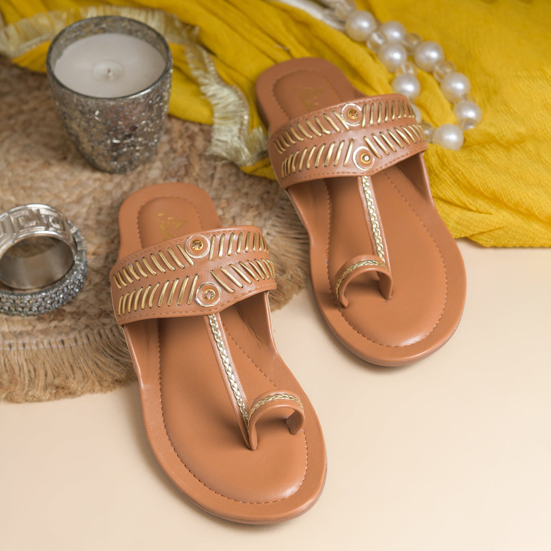 Women's Kolhapuri Style Toe Ring Flats with Woven Strap & Metal Stud Detail Slippers