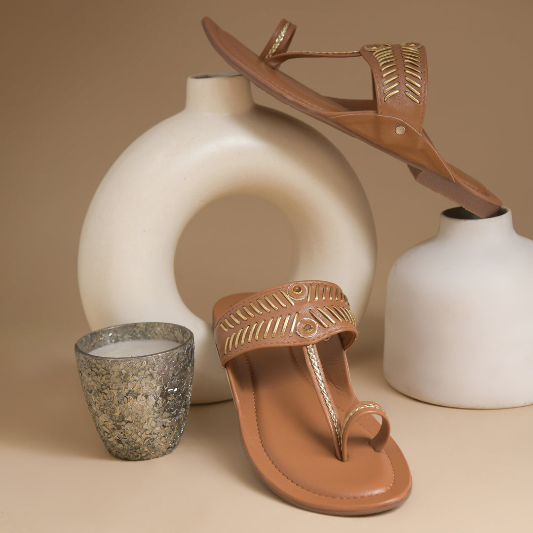 Women's Kolhapuri Style Toe Ring Flats with Woven Strap & Metal Stud Detail Slippers
